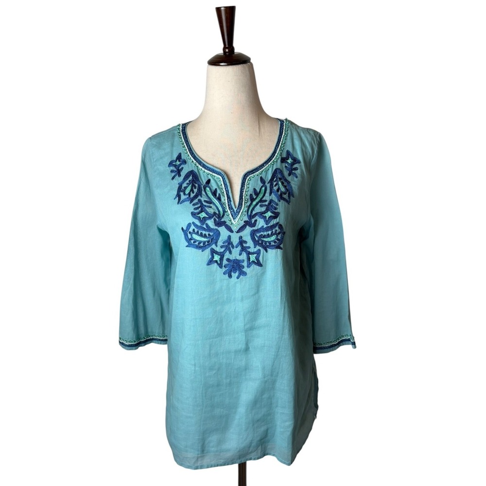 Journal Embroidered Tunic Women 6 Turquoise Blue Beaded Boho Cotton Top Cottage - Picture 2 of 13